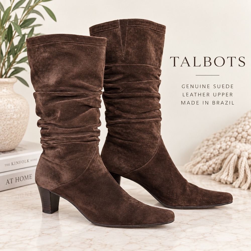 VTG 90s Y2K Brown Suede Slouchy Mid-Calf Boots Pointed Toe Kitten Heel Size 7.5B